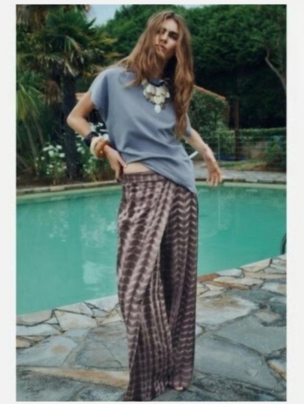 NWOT Zara Linen Blend Tie Dye Wide Leg Pants Wrap Front Size XL Brown White